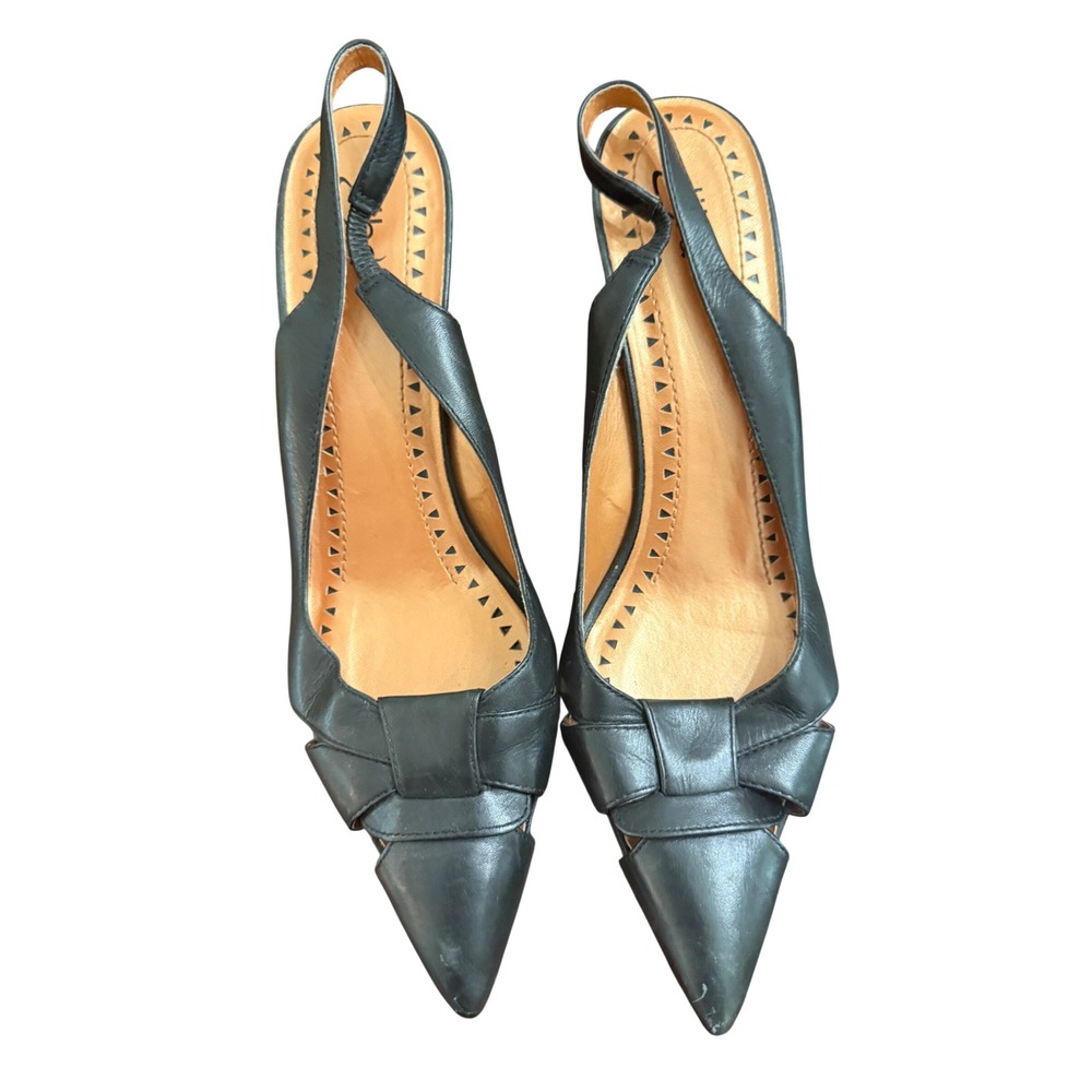 Diba Black Leather Pointed Toe Slingback Kitten Heels 5761952 Size 10